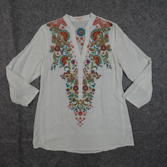 Solitaire Top Womens Small Embroidered Long Sleeve V-Neck Boho Hippie Tunic - Picture 1 of 10
